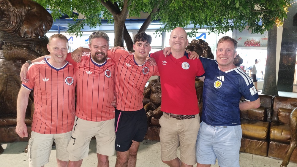 (L-R) Keith Shields, 53, Ian Keddie, 53, Connor Keddie, 18, Colin Thomson, 53, and Seb Plait, 53. (Ryan McDougall/PA