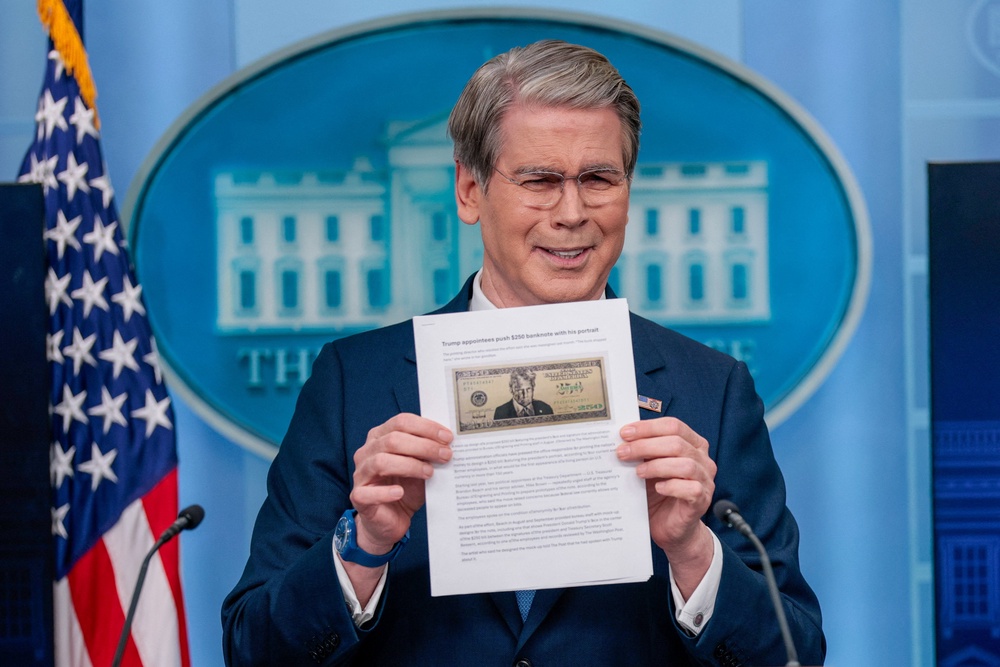Bessent uncovered the mock-up of the $250 bill featuring Trump while also acknowledging that the president was not permitted to be featured unless Congress authorized it (Reuters)