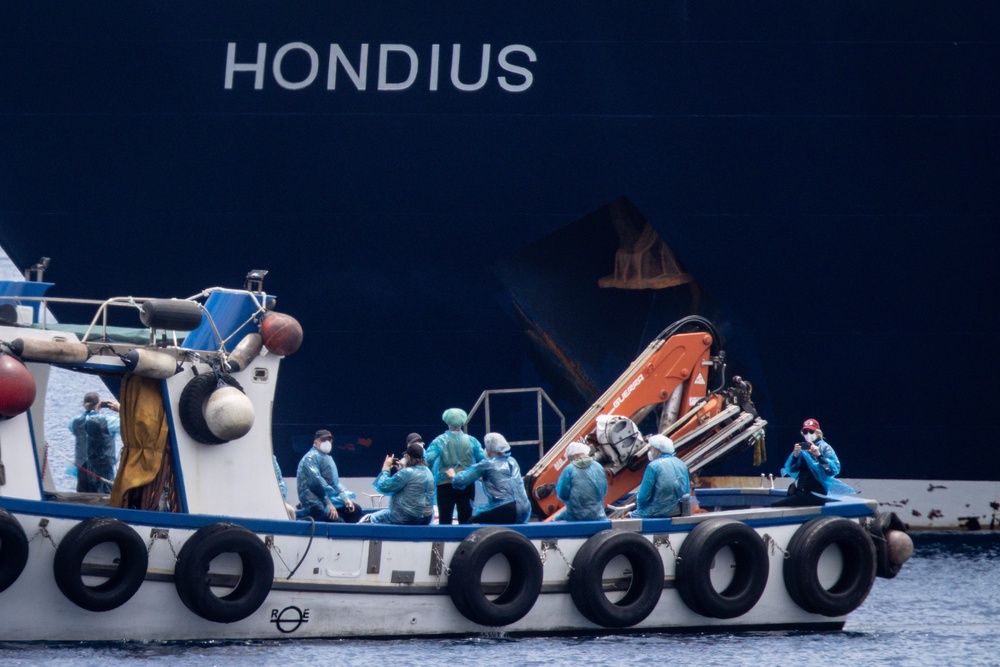 Passengers are evacuated from the MV Hondius in the Canary Islands, Spain, in May. There were 13 cases and three deaths reported in the outbreak on the ocean vessel (Getty)