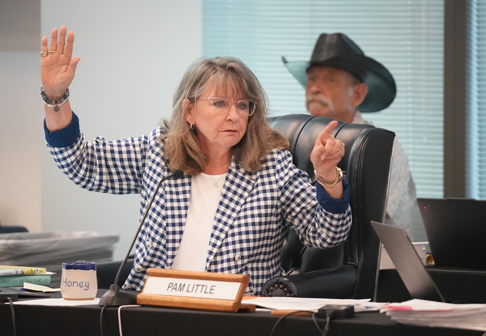 State Board of Education Vice Chair Pam Little votes on a proposed required reading list during a meeting on social studies standards (© 2026 Jay Janner / Austin American-Statesman)