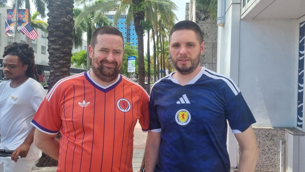 Scotland fans James Douglas (left) and Chris Thomas in Miami ahead of Scotland’s final group game against Brazil at the 2026 Fifa World Cup (Ryan McDougall/PA) (PA Wire)