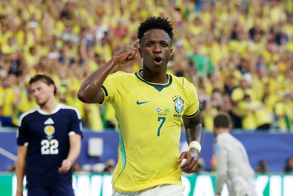 Vini Jr was celebrating a second goal by the end of the first half regardless (Reuters)