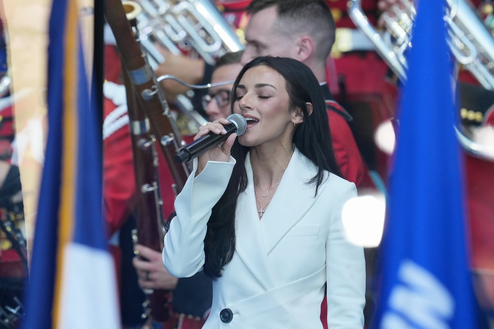 FBI Director Kash Patel’s girlfriend, Alexis Wilkins, sang the national anthem (AP)