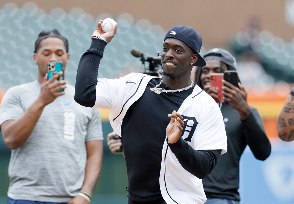 Arnold, the 24th pick in the 2024 NFL draft and a cornerback out of Alabama, throws out a a ceremonial first pitch before the Detroit Tigers game against the Washington Nationals at Comerica Park on June 13, 2024 (Getty)