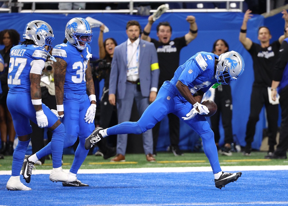 Terrion Arnold #6 of the Detroit Lions celebrates a interception in the second quarter against the Minnesota Vikings in the game at Ford Field on November 02, 2025 (Getty)