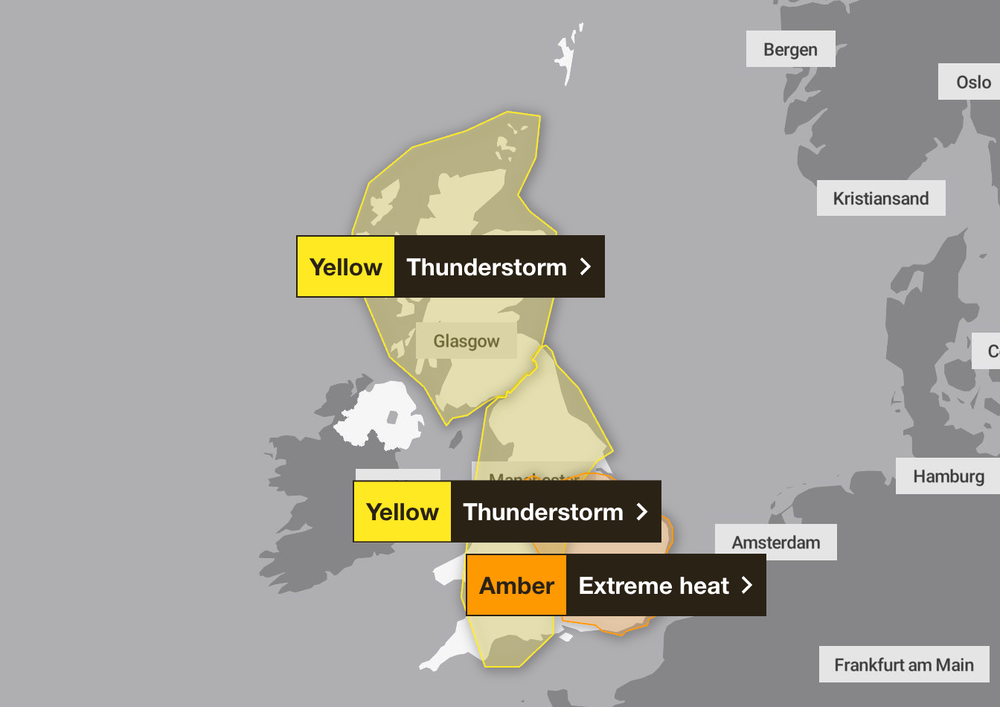 Thunderstorm warnings are in place for most of the country on Friday (Met Office)