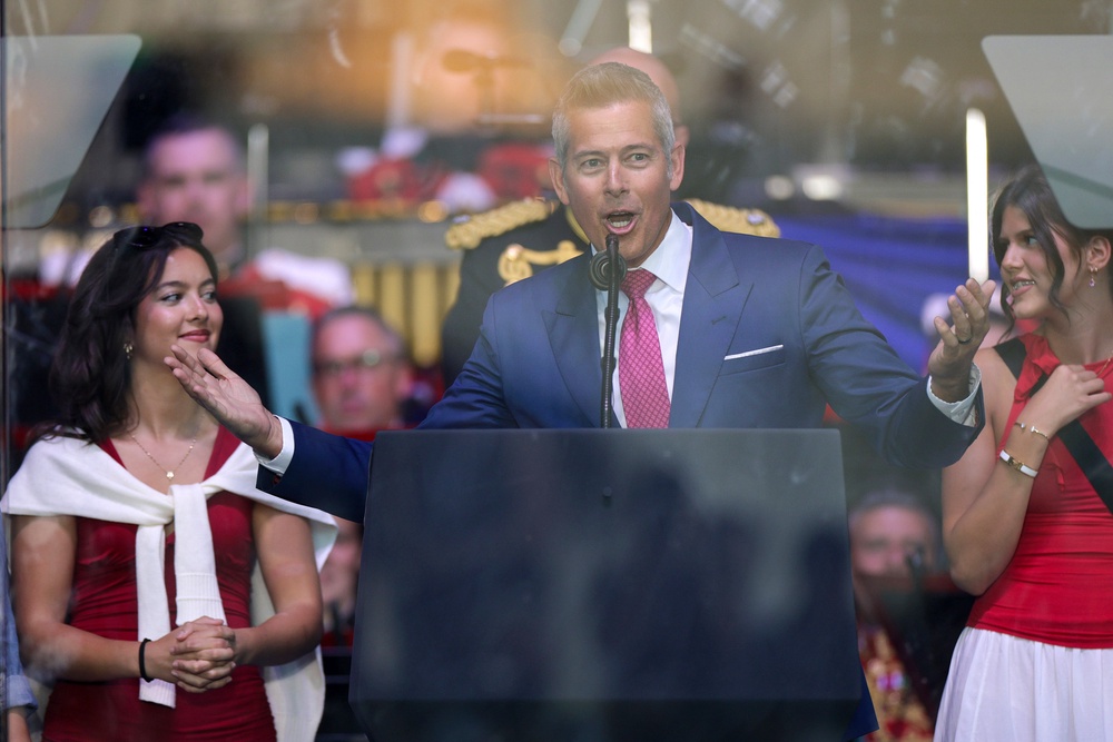The father of nine, married to Fox News host Rachel Campos-Duffy, used the word ‘lib***d,’ a play on a derogatory term for people with a developmental disability, to open his speech (Getty Images)