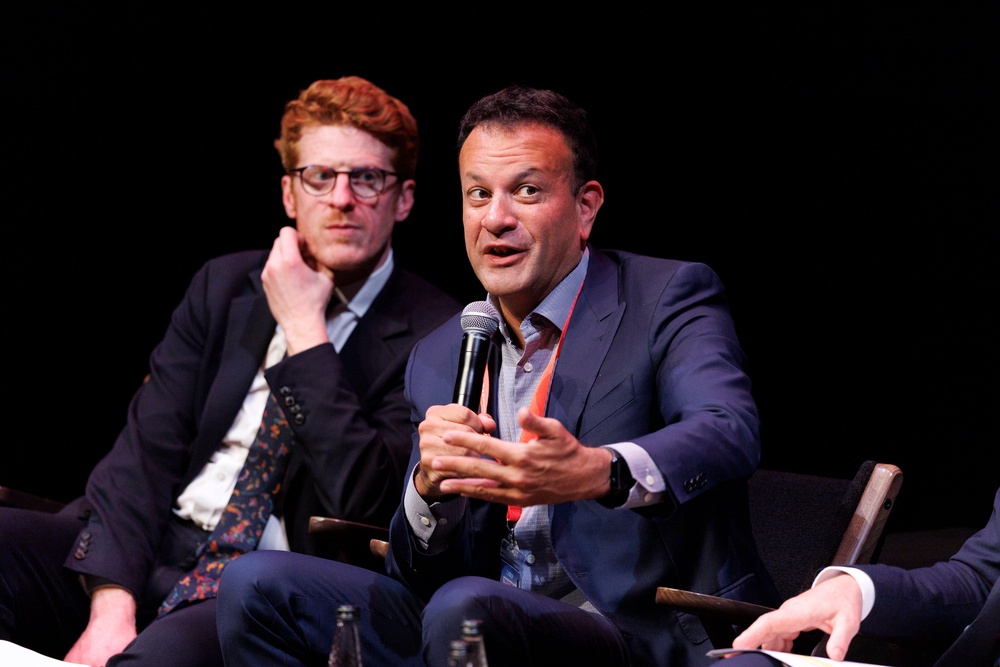 Leader of the Opposition Matthew O'Toole MLA, SDLP, and Leo Varadkar, Former Taoiseach, during a panel discussion titled Britain, Ireland and Global Relations (PA)