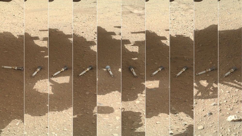 A photomontage shows sample tubes collected by NASA’s Perseverance Mars rover on the surface of Mars between December 2022 to January 2023. To figure out of the carbon is biological in nature, the samples will need to come home (NASA/JPL-Caltech/MSSS)