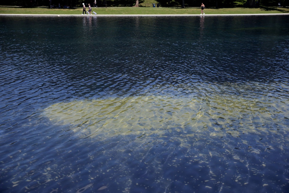Since the site was restored, its water has been plagued by an algae bloom and pieces of the new coating have appeared to be peeling off the bottom (AP Photo/Rahmat Gul)
