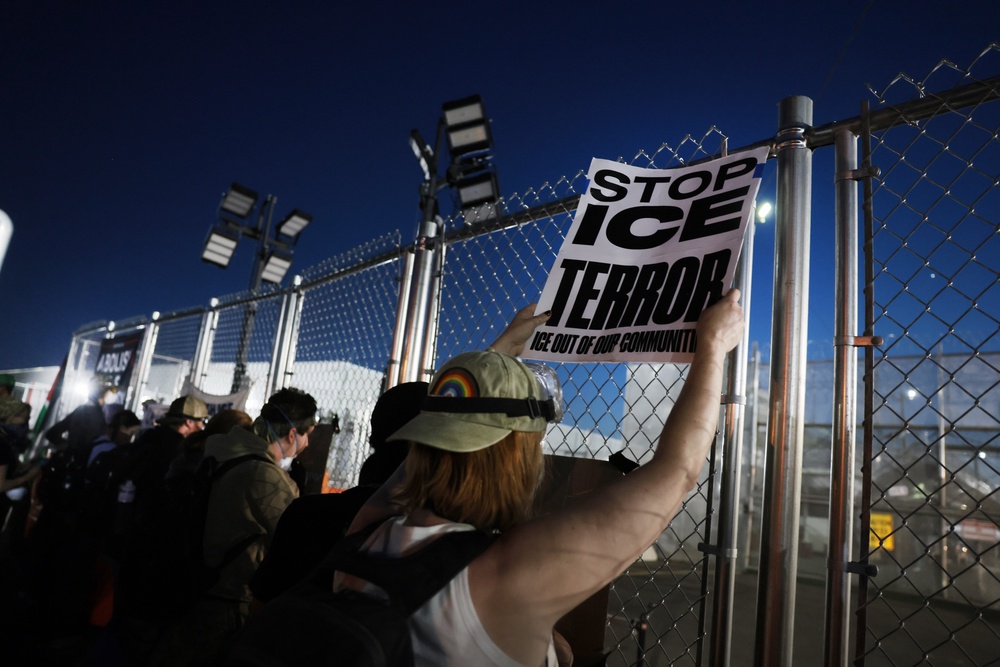 Polls show that many Americans are opposed to ICE’s tactics. Pictured: protestors gather outside the federal immigration center at Delaney Hall, where ICE is housing detained immigrants, on June 3, 2026 in Newark, New Jersey. (Getty Images)