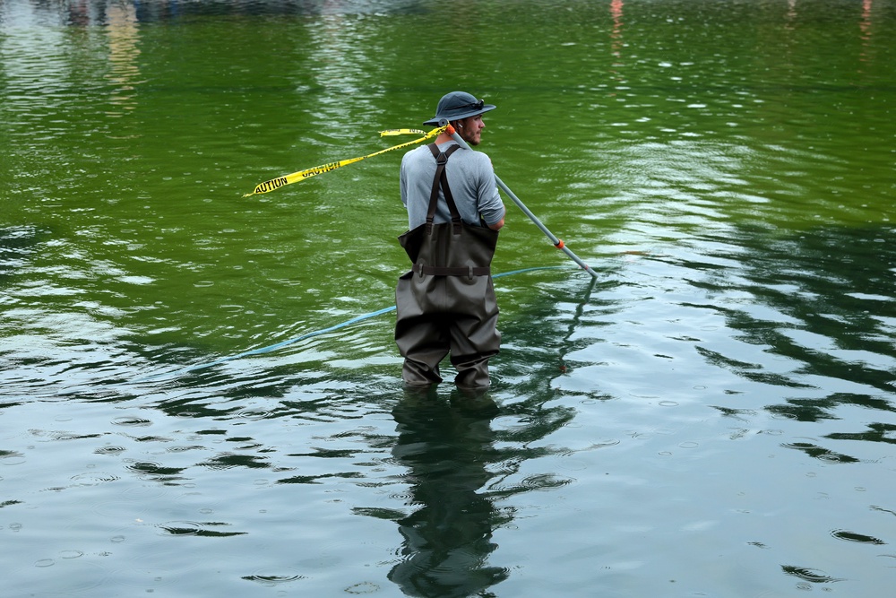 The Lincoln Memorial Reflecting Pool has become a fixation for the president, who has reportedly spent more than $16 million trying to renovate the historic landmark - only for algae to become a persistent problem (Getty)