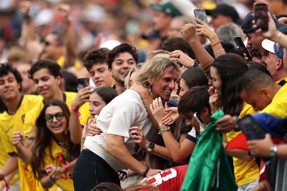 Ecuador coach Sebastian Beccacece clambered into the stand to celebrate the win (Getty)