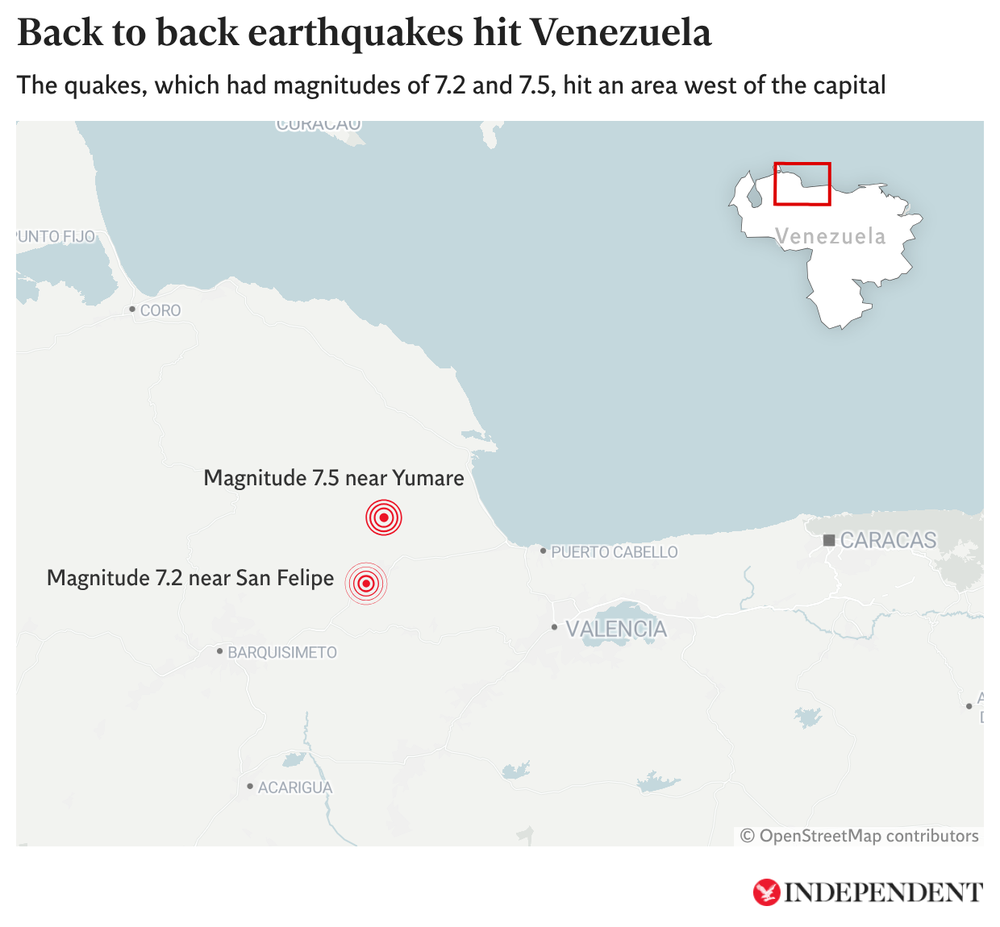Two back-to-back earthquakes hit Venezuela and cause widespread destruction (The Independent)
