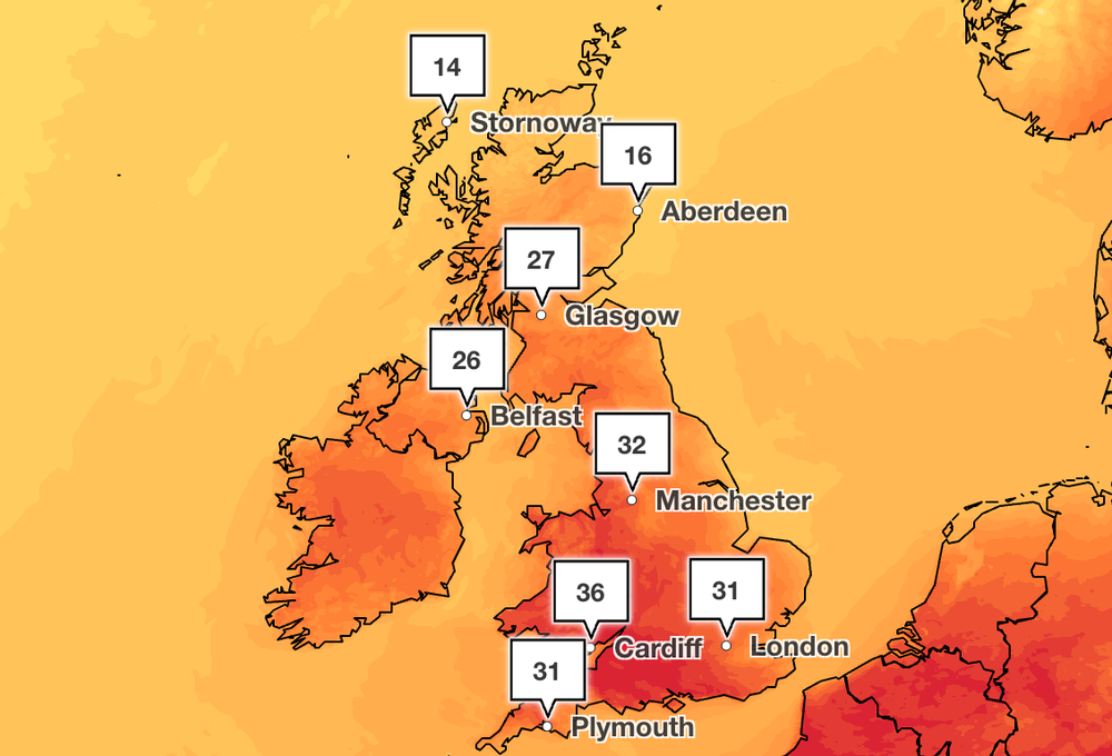 The hottest weather will be in the southwest of England on Thursday (Met Office)