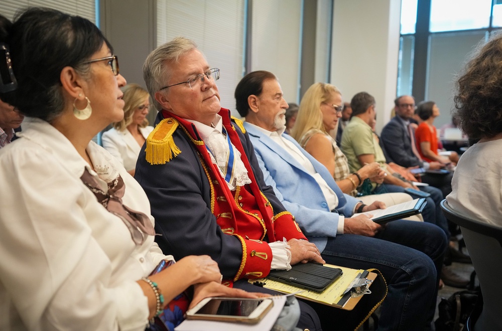 Robert Mearns of Granbury, dressed as an American Revolutionary War soldier, listens during a meeting on proposed social studies standards (© 2026 Jay Janner / Austin American-Statesman)