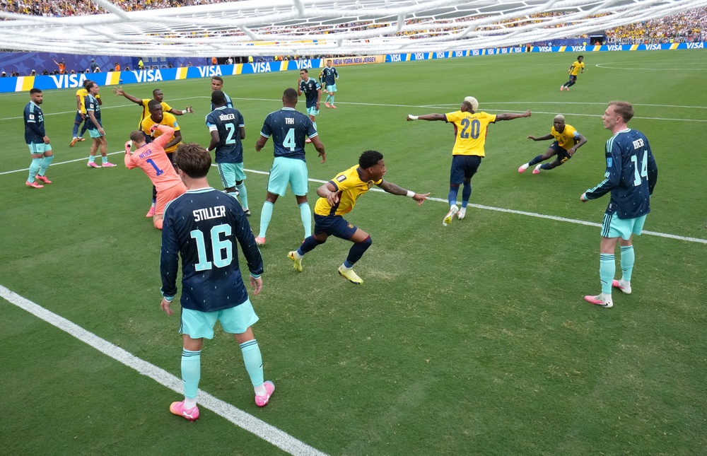 Gonzalo Plata #19 of Ecuador celebrates scoring his team's second goal during the FIFA World Cup 2026 Group E match between Ecuador and Germany (Getty)