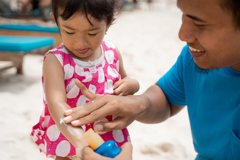Regular reapplication every two hours is recommended, regardless of whether sunscreen is a ‘once-a-day’  type or not, as it’s very easy to miss patches of skin when sunscreen is applied on children, or the sunscreen might rub off. Reapplication is particularly important after exercise, swimming, sweating, or towel-drying
