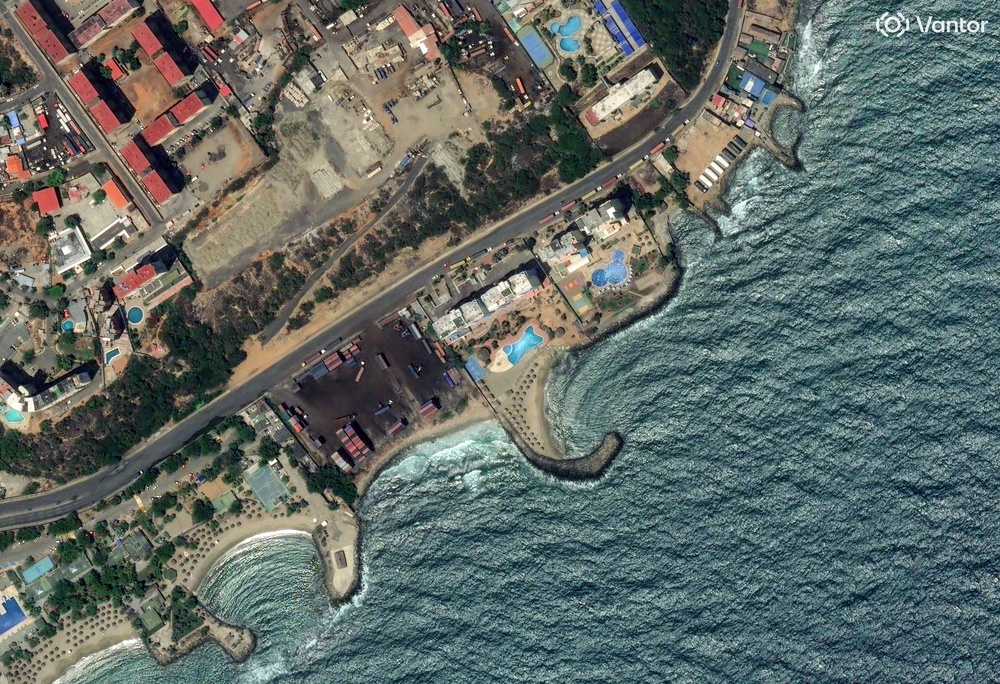 A satellite view shows Avenida La Playa in La Guaira, Venezuela, May 8, 2026, before two powerful earthquakes. (Vantour)