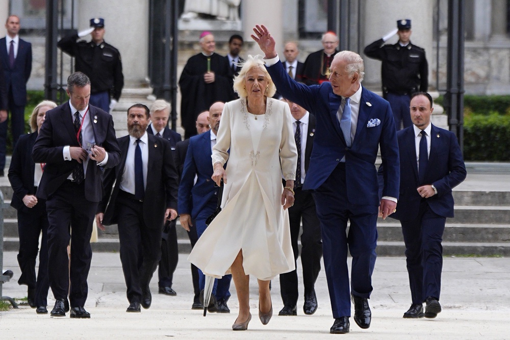King Charles III and Queen Camilla leave the Papal Basilica and Abbey of St Paul's Outside the Walls during the state visit to the Holy See in October 2025 (Getty)