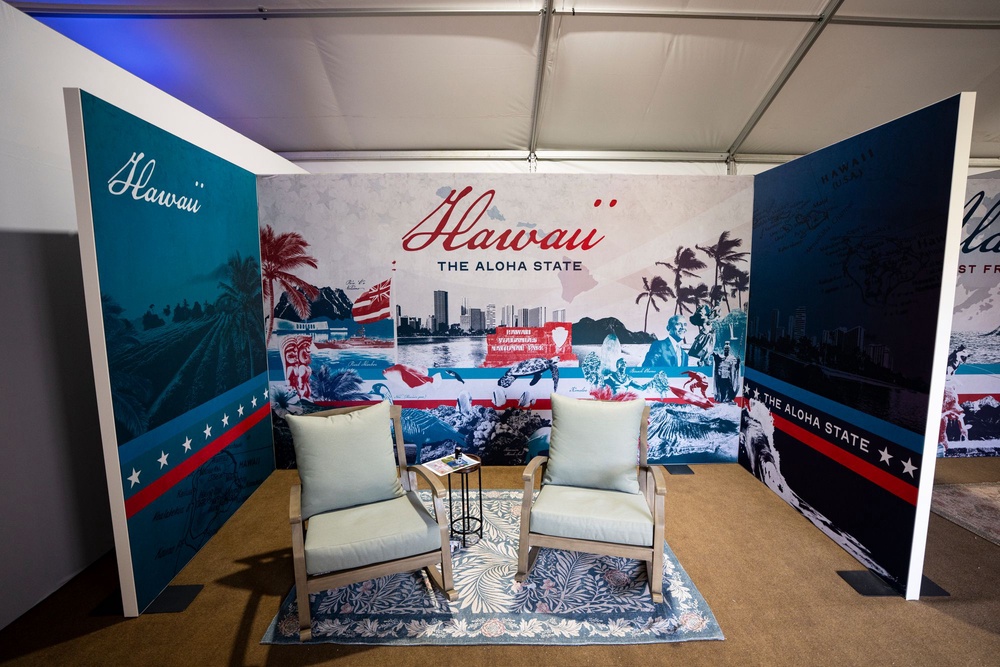 Several state booths were basically empty, with Hawaii’s containing just a pair of chairs (Getty Images)