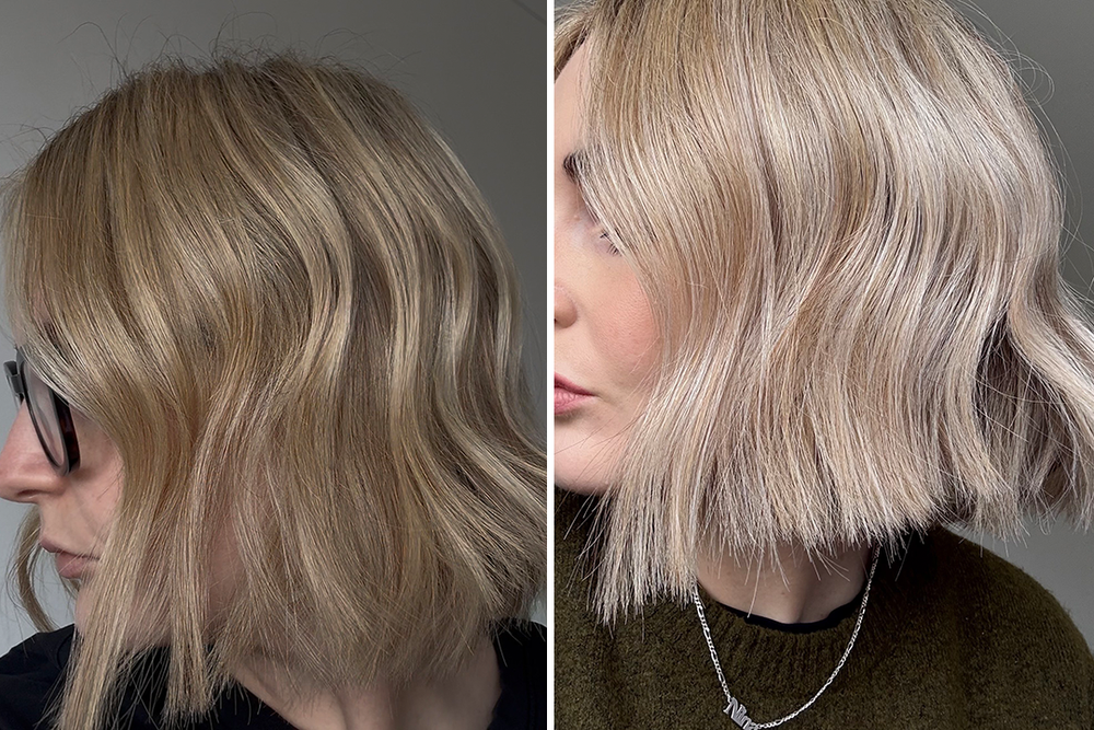 My hair before and after using the K18 purple shampoo (Sarah Jones/The Independent)