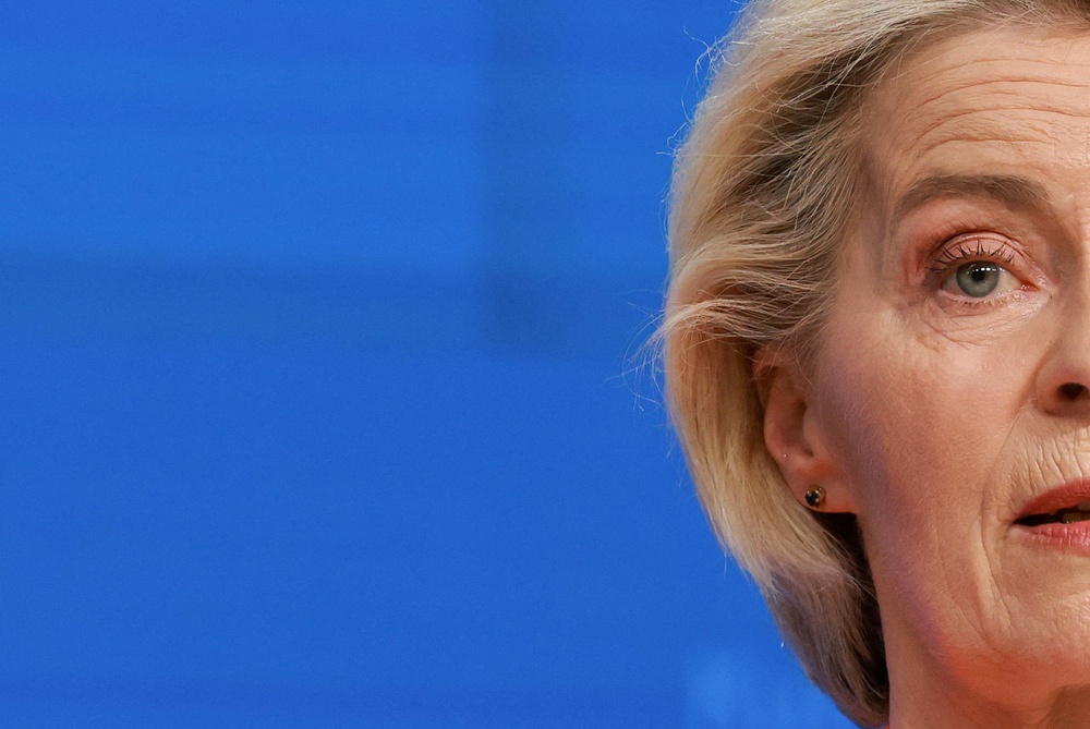 European Commission President Ursula von der Leyen speaks to the media following a European Union leaders' summit in Brussels (Reuters)