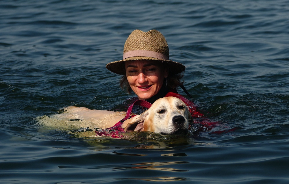 Dorota and Gigi go for a swim off the Bull Wall in Dublin (Brian Lawless/PA) (PA Wire)