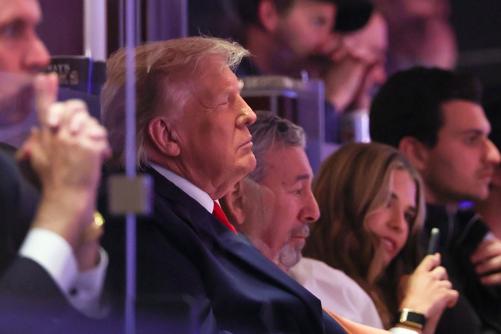 During a radio interview earlier this month, James Dolan said he accepted Trump’s invitation to visit the White House. Pictured: Trump and Dolan look on during the first quarter of a game against the San Antonio Spurs in Game 3 of the 2026 NBA Finals at Madison Square Garden on June 8 (Getty Images)