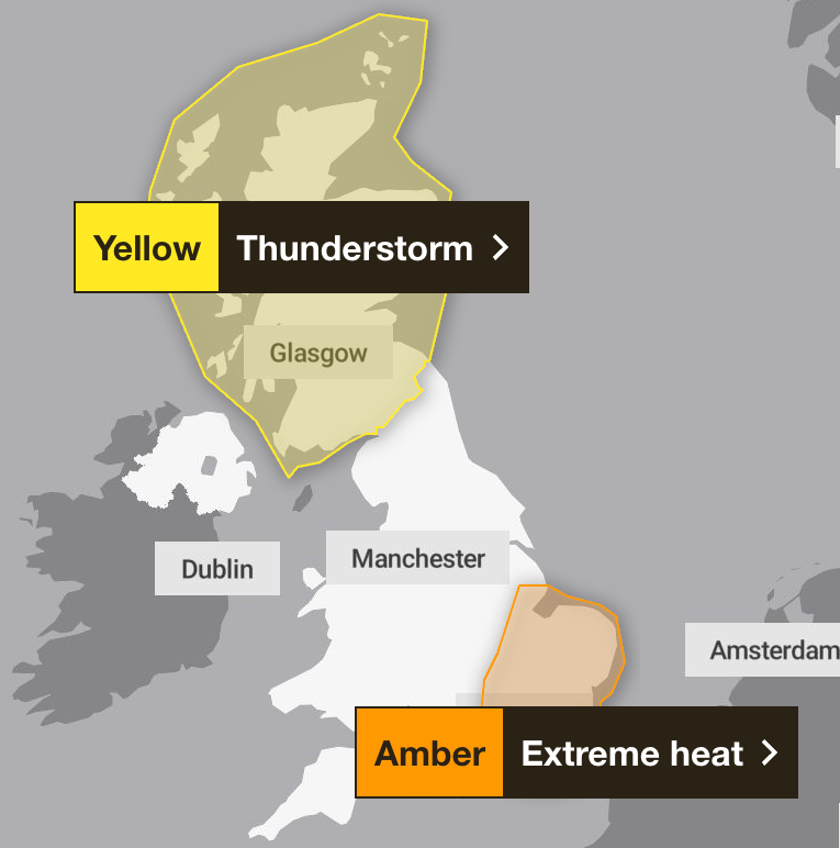 Weather warnings are in place in both Scotland and the east of England (Met Office)