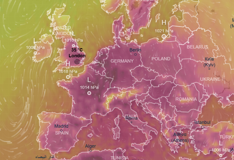 Europe heat map at 3pm on Friday 26 June - with temperatures above 40C in parts of Germany and France (Ventusky.com)