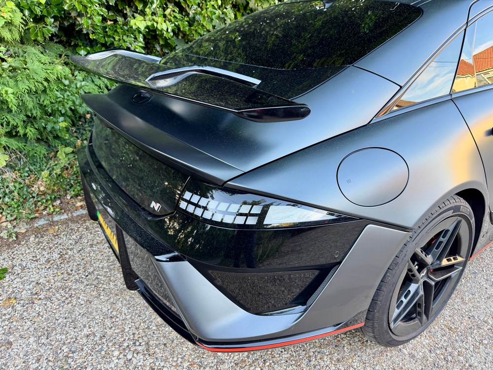 The N treatment gives the Hyundai Ioniq 6 a pronounced 'duck tail' rear spoiler and darker body panels (Steve Fowler)