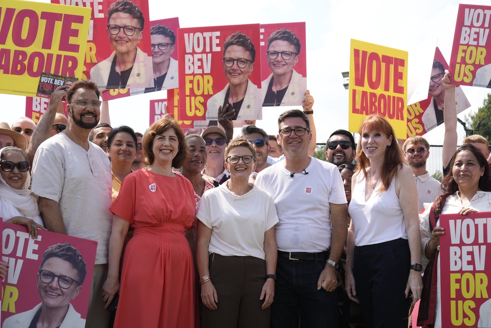 Labour deputy leader Lucy Powell joins Andy Burnham and Angela Rayner for the campaign launch of Bev Craig (Peter Byrne/PA) (PA Wire)