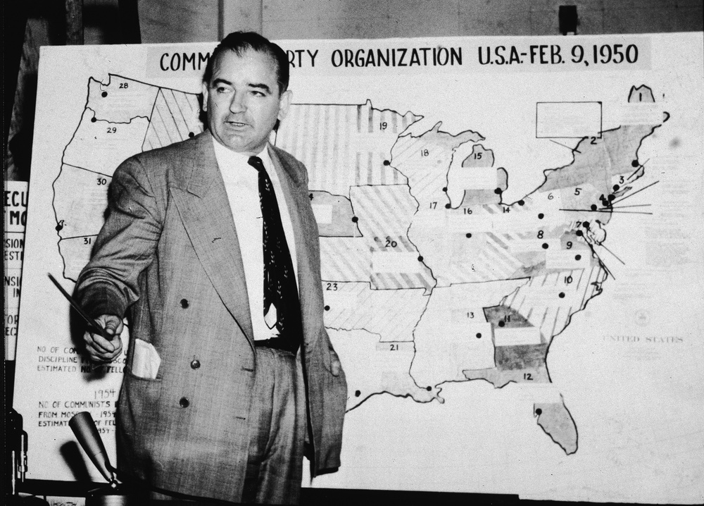 The president’s explosive comments recalled the rhetoric of the McCarthy era, a period in the 1940s and 1950s defined by fierce anti-communist suspicion. Pictured: Wisconsin Senator Joseph McCarthy stands before a map which charts Communist activity in the United States in 1954 (Getty Images)