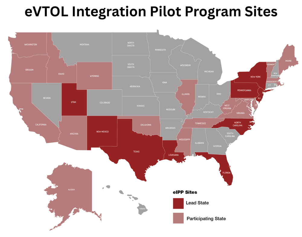Department of Transportation map shows areas participating in eVTOL pilot programs across the US, with lead states shown in red (Department of Transportation)