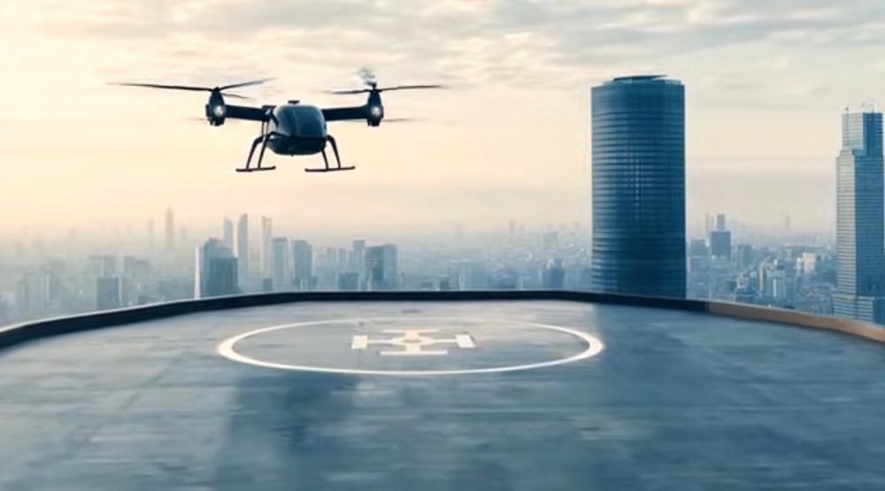 A Federal Aviation Administration rendering shows powered-lift aircraft landing on a pad. The Department of Transportation aims to get initial operations off the ground by next year (Federal Aviation Administration)
