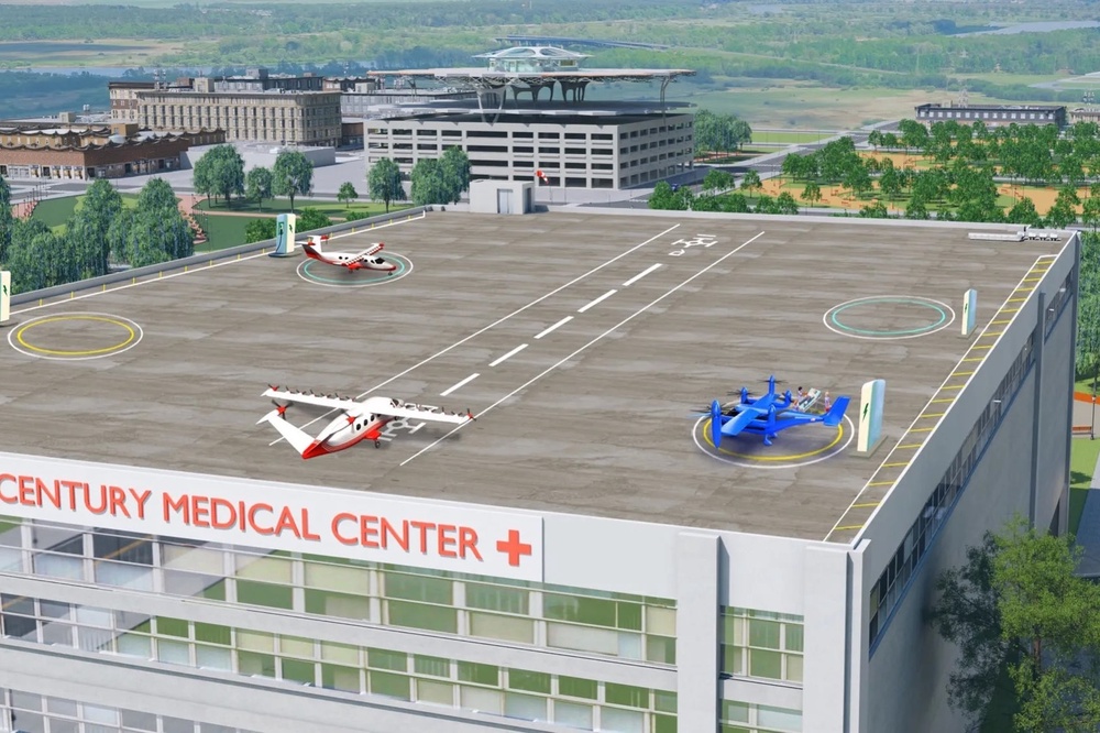 NASA concept art shows several advanced air mobility aircraft concepts staged for a medical transport. The agency has been studying how people respond to noise from different types of advanced air mobility aircraft (NASA/Lillian Gipson)