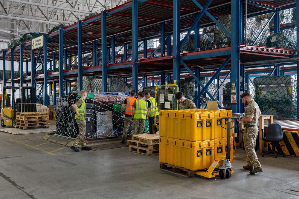 Pallets of humanitarian aid and specialist equipment at RAF Brize Norton ahead of deployment to Venezuela (PA Wire)