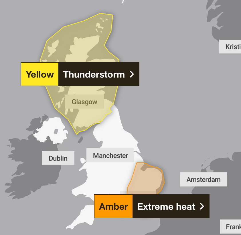 Scotland’s warning for thunderstorms will end at 3am while the amber warning for extreme heat will end at 9pm. (Met Office)