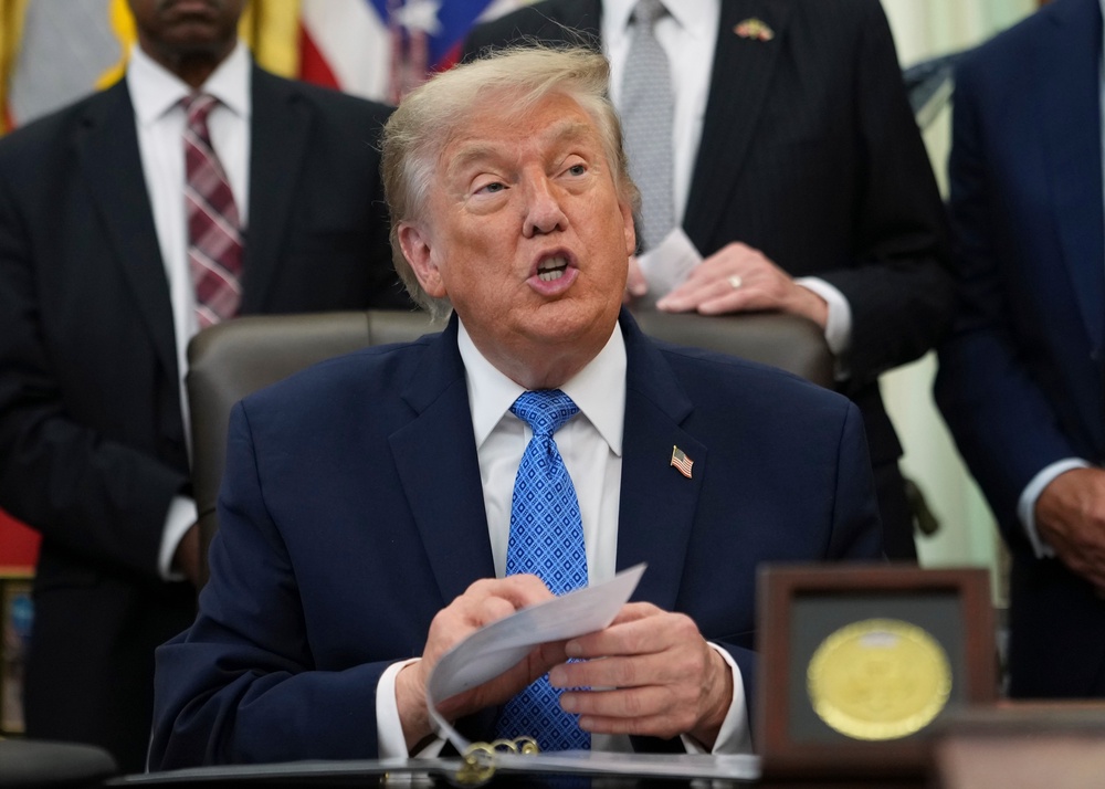 President Donald Trump initially promised his ‘American Flag Blue’ overhaul would take a single week and cost less than $2 million, but federal records show the bill has already climbed past $14 million (AP)