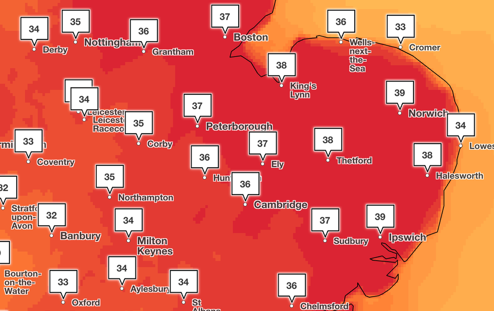 Temperatures are expected to hit 40C this afternooon (Met Office)