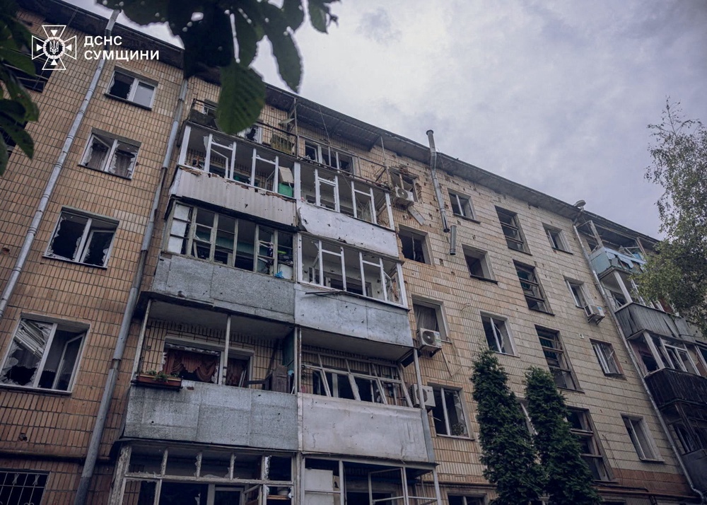 A Russian drone struck an apartment building in Sumy, Ukraine, on Saturday (Reuters)