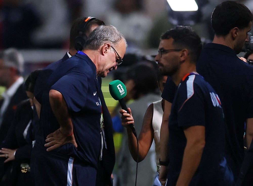 Uruguay coach Marcelo Bielsa speaks to the media after the match (Reuters)
