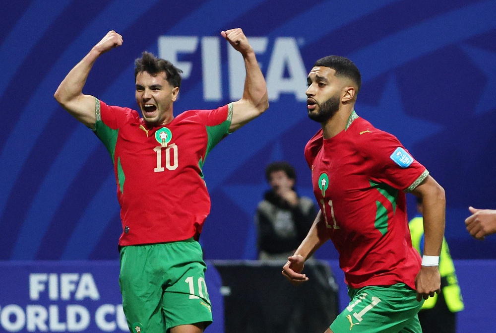 Morocco's Ismael Saibari celebrates scoring their second goal with Brahim Diaz (Reuters)