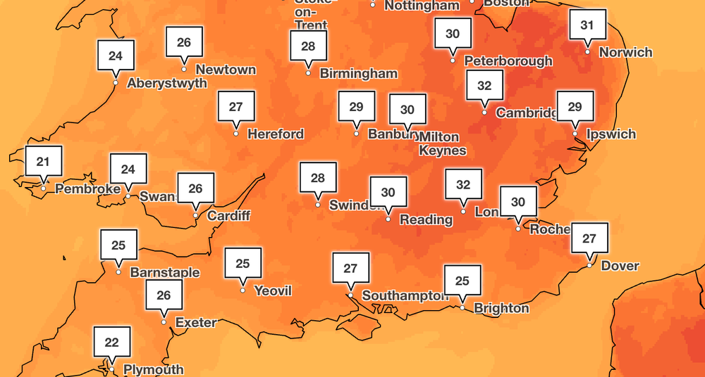London will experience the highest temperatures on Saturday (Met Office)