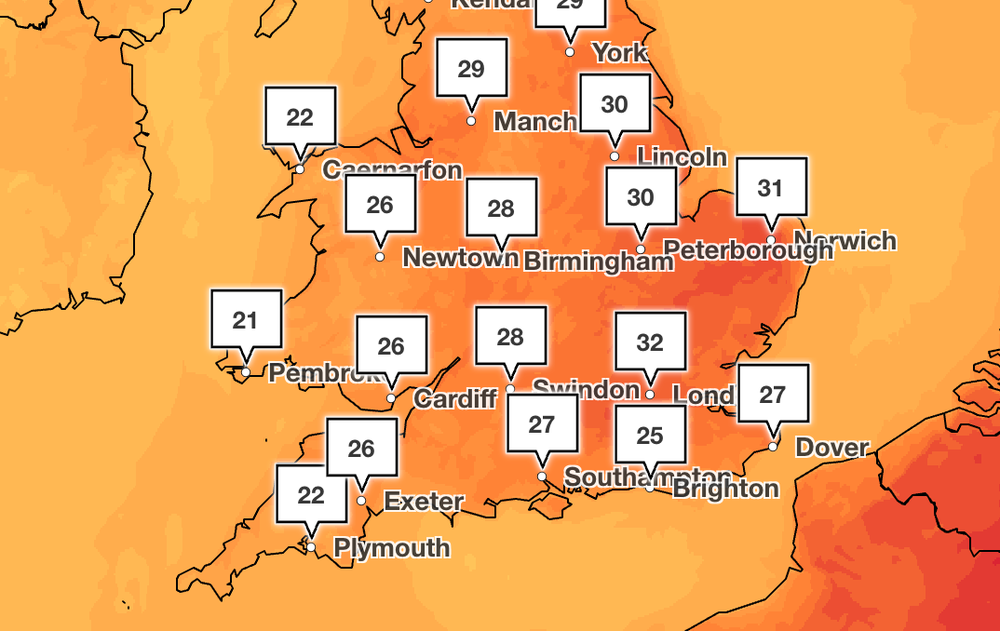 A high of 32C is forecast in London (Met Office)