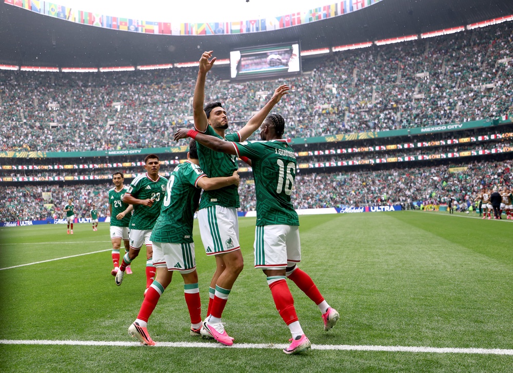 Raul Jimenez celebrates his goal for Mexico at the World Cup (Getty)
