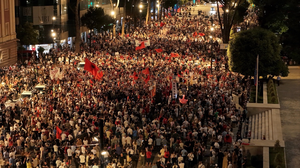 Protesters take part in a rally against a coastal development project in western Albania linked to President Donald Trump's son-in-law Jared Kushner (AP)