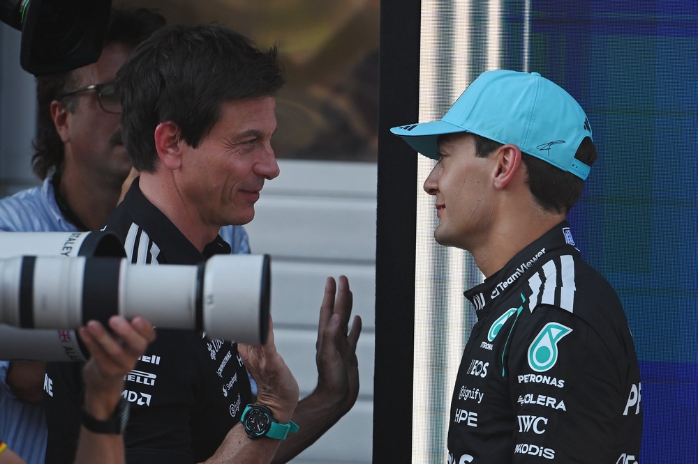 George Russell and Toto Wolff were pleased with Russell’s pole (Getty)