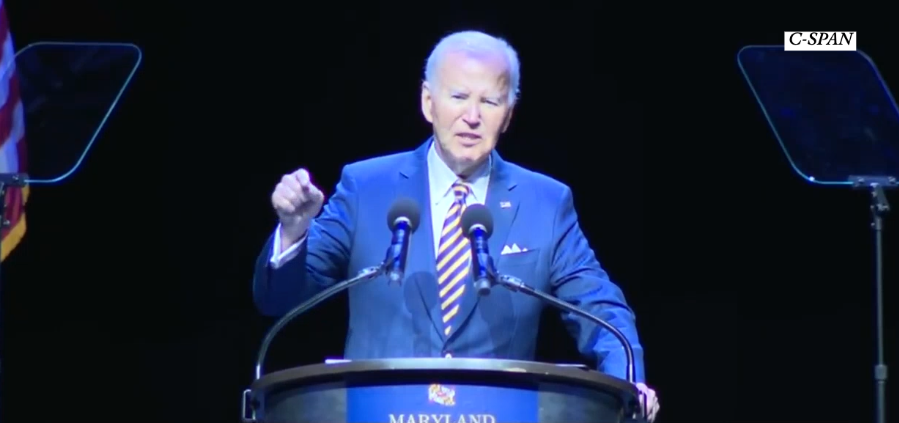 Former President Joe Biden was met with loud cheering as he listed Trump’s “vanity projects” during a speech at a state Democratic Party convention in Hanover, Maryland, Saturday evening (C-SPAN)